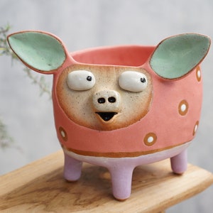 Ceramic pig planter, pig planter,Pig pink cactus planter, pig pot, Handmade pottery