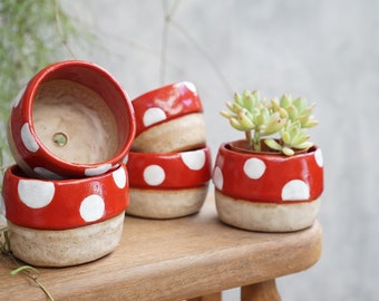 MINI,Small mushroom plant pot, Tiny ,SET 5 PIECES,succulent pots set, pinch pot,mushroom red planter