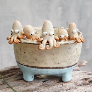 May include: A ceramic planter with a light beige and blue color scheme, adorned with five whimsical octopus figures around the rim. The octopus figures have orange tentacles and large, cartoonish eyes. The planter sits on a wooden surface.