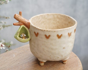 Small branch with bird plant pot for cactus , handmade ceramic , pottery