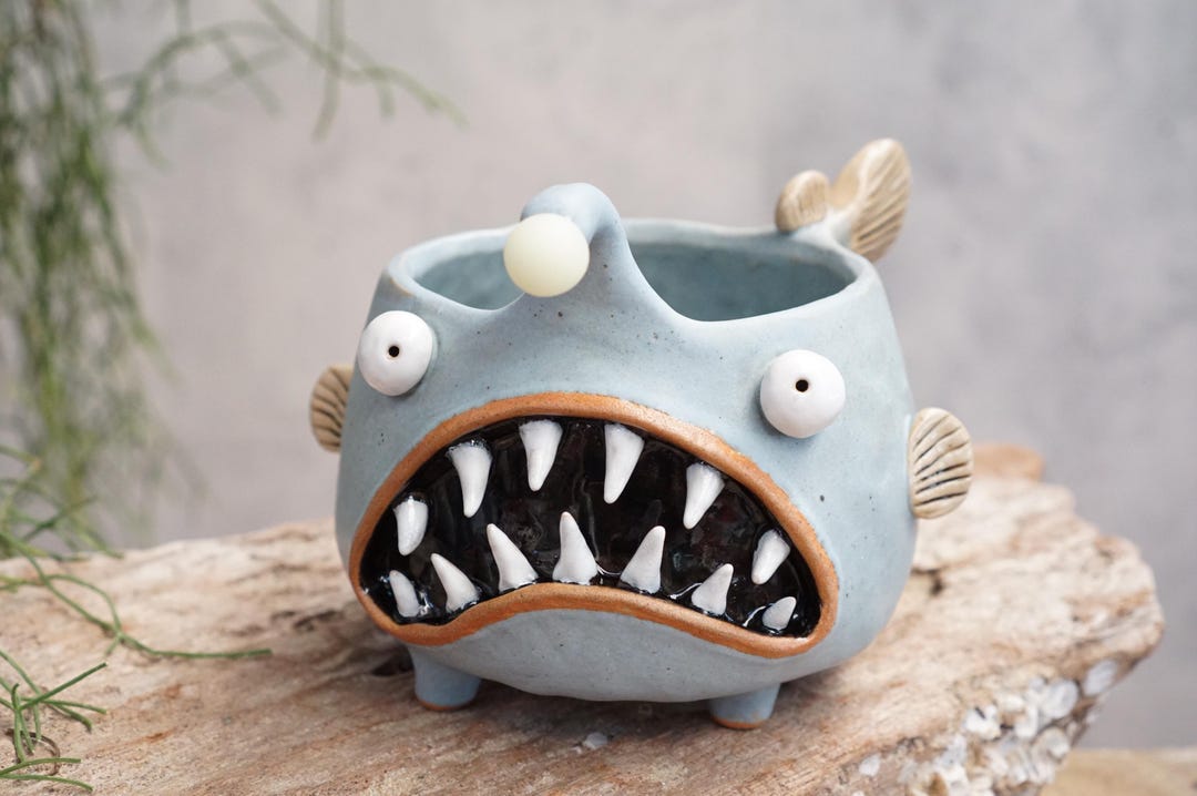 Yellow Fish Color Pot Angler Fish ,bright ,fluorescent ,plant Pot, Ceramic Handmade ,glow in ...