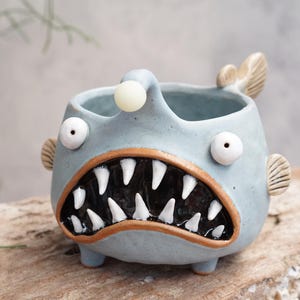 Angler fish ,bright ,Fluorescent ,Plant Pot, Ceramic handmade ,glow in the dark fish ,Lophiiformes
