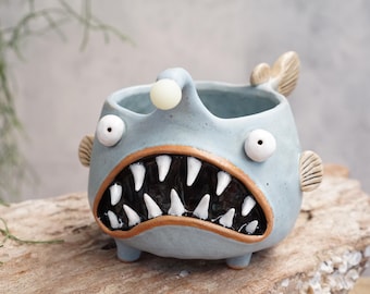 Angler fish ,bright ,Fluorescent ,Plant Pot, Ceramic handmade ,glow in the dark fish ,Lophiiformes