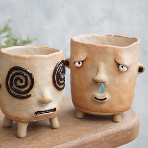 Minitöpfe,kleine Pflanzgefäß mit Drainage,Sukkulententöpfe Set 2er Set, Keramik Planter Face,Gesicht Blumentopf Unikat