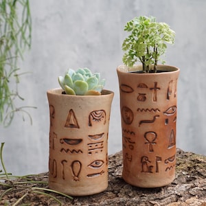 Peut inclure: Deux pots de fleurs cylindriques en céramique beige avec des motifs hiéroglyphiques gravés. L'un contient une plante succulente, l'autre une petite plante verte. Les pots sont posés sur un morceau de bois, avec un fond gris.