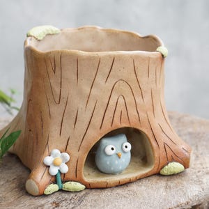 Può includere: Un vaso in ceramica a forma di ceppo d'albero marrone con un'apertura cava alla base. Un piccolo gufo azzurro con occhi bianchi è seduto all'interno della cavità. Un fiore bianco con centro giallo è fissato all'esterno del ceppo.