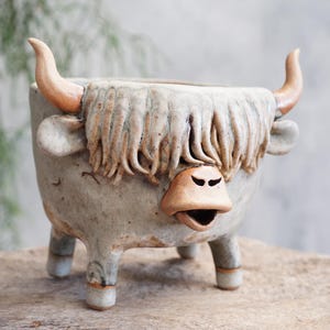 Puede incluir: Maceta de cerámica con forma de vaca de las Highlands. El cuerpo gris claro tiene cuernos, orejas y hocico marrones. La vaca tiene pelo desgreñado alrededor de la cara y la boca abierta. La maceta se apoya en tres patas pequeñas.