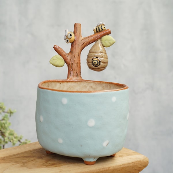 Small branch with bee plant pot for cactus , handmade ceramic , pottery