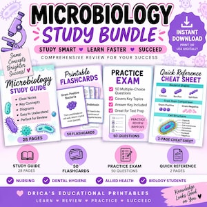 May include: A digital microbiology study bundle featuring a study guide, 50 printable flashcards, a practice exam with 50 questions, and a 2-page quick reference cheat sheet. The materials include purple and white graphics of bacteria and cells.
