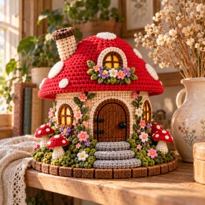 Könnte beinhalten: Ein gehäkeltes Pilzhaus mit einem leuchtend roten Dach mit weißen Punkten, einer beigen Basis, einer braunen Bogentür und grauen Steinstufen. Das Bauwerk ist mit kleinen bunten Blumen, grünen Ranken und zwei kleineren roten Pilzen verziert.