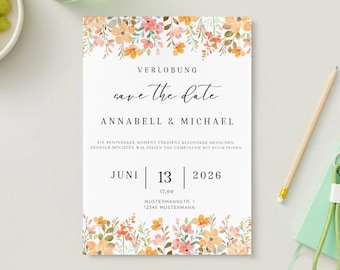 Verlobung, Hochzeit, wichtiger Anlass, Save the Date, Personalisierte Blumen Einladung