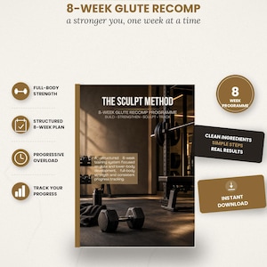 May include: A digital fitness guide titled The Sculpt Method 8-Week Glute Recomp. The cover features a gym setting with a dumbbell and text detailing an 8-week plan. Includes icons for full-body strength, structured plans, and progress tracking.