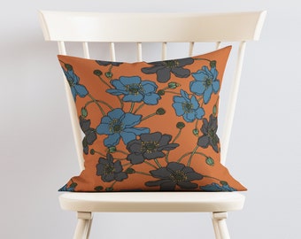 burnt orange pillow, bold cushions, burnt orange print, rust cushion, quirky home decor, earthy pattern, botanical textiles, floral fabric