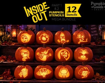 Conjunto de Moldes para Esculpir Abóboras de Halloween Inspirado em Divertida Mente: Alegria, Tristeza, Ansiedade, Nojo, Raiva, Medo, Vergonha, Inveja e Nostalgia