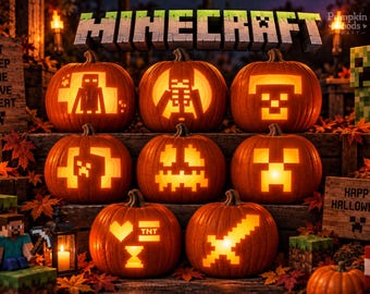 Molde para esculpir abóboras no Minecraft: Ideias divertidas de moldes para esculpir abóboras no Halloween para gamers (Download instantâneo)