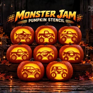 May include: Eight orange pumpkins carved with Monster Jam monster truck designs, including a shark truck and various flame-patterned vehicles. The text Monster Jam Pumpkin Stencil is displayed above the pumpkins in yellow and orange lettering.