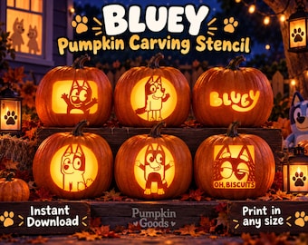 May include: Six orange pumpkins carved with Bluey character designs and the text Bluey and Oh, Biscuits. The pumpkins are arranged on a wooden surface with lanterns and autumn leaves. The image includes the text Bluey Pumpkin Carving Stencil.