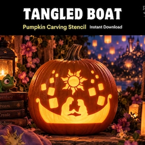 May include: A pumpkin carving stencil titled TANGLED BOAT featuring a carved orange pumpkin with a silhouette of two figures in a boat under a sun symbol and floating lanterns. The design includes the text TANGLED BOAT and Pumpkin Carving Stencil.