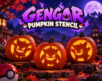 Molde para esculpir abóbora com o Gengar, padrão de escultura de abóbora Pokémon, molde de Halloween para imprimir, download instantâneo