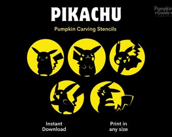 Pacote de Moldes para Esculpir Abóboras com o Pikachu, 5 Modelos Fofos de Pokémon para Esculpir Abóboras, Moldes de Halloween para Imprimir, Download Instantâneo em PDF