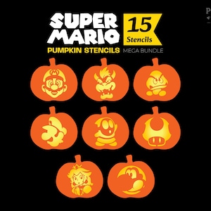 Pode incluir: Um mega pacote de 15 estênceis de abóbora do Super Mario em um fundo preto. O gráfico exibe oito silhuetas de abóboras laranja, cada uma esculpida com um personagem ou ícone diferente da franquia Super Mario, incluindo Mario, Bowser, Goomba, Luigi, Shy Guy, um cogumelo, a Princesa Peach e Yoshi.
