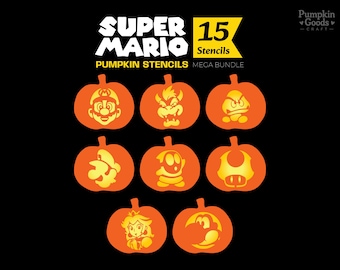 May include: A Super Mario pumpkin stencil mega bundle featuring 15 designs on a black background. The graphic displays eight orange pumpkin silhouettes, each carved with a different character or icon from the Super Mario franchise, including Mario, Bowser, Goomba, Luigi, Shy Guy, a mushroom, Princess Peach, and Yoshi.