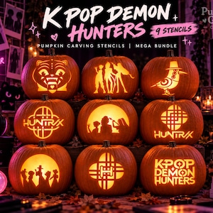 May include: Nine orange pumpkins arranged in three rows, each carved with distinct designs including K-Pop Demon Hunters text, geometric patterns, and silhouettes of figures. The glowing jack-o'-lanterns feature intricate cutouts illuminated from within.