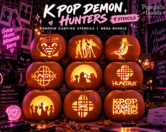 Molde para esculpir abóboras KPOP DEMON HUNTERS: Tendências para festa de Halloween (mais de 9 opções), Jack O Lantern, Tigre Derpy, Rostos da Sussie (Download instantâneo)