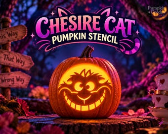 Molde de abóbora do Gato de Cheshire, padrão para esculpir abóbora inspirado em Alice no País das Maravilhas, molde de Halloween do Gato Sorridente, PDF para imprimir, download instantâneo