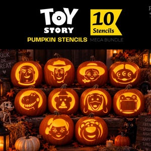 Könnte beinhalten: Eine digitale Grafik mit dem Text Toy Story 10 Stencils Pumpkin Stencils Mega Bundle über zehn geschnitzten orangefarbenen Kürbissen. Jeder Kürbis zeigt eine einzigartige Charaktersilhouette aus der Toy Story-Reihe, die von innen beleuchtet ist.