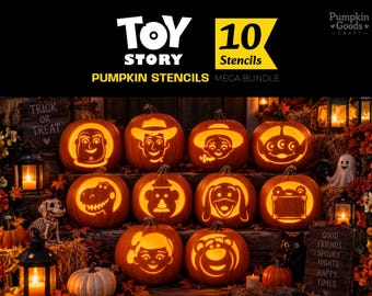 May include: A digital graphic featuring the text Toy Story 10 Stencils Pumpkin Stencils Mega Bundle above ten carved orange pumpkins. Each pumpkin displays a unique character silhouette from the Toy Story franchise, illuminated from within.
