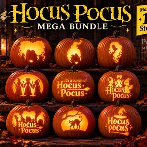 May include: A Hocus Pocus mega bundle of pumpkin stencils featuring nine orange pumpkins carved with various designs including silhouettes of three witches, a black cat, and the text Hocus Pocus, displayed on wooden steps with autumn leaves.