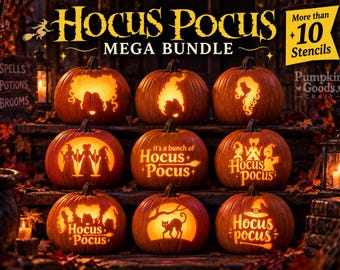 Molde para esculpir abóbora HOCUS POCUS, bruxa de Halloween, ideias de design de padrões de molde de zumbi | Abóbora Jack O Lantern para crianças para imprimir