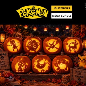 Puede incluir: Un mega paquete de 15 plantillas de Pokémon que presenta siete calabazas naranjas talladas con siluetas brillantes de varios personajes, incluidos Mew, Jigglypuff y Pikachu, junto a un letrero de madera que dice Pokémon Gotta Carve 'Em All.
