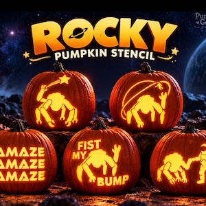 May include: Five orange pumpkins carved with glowing designs including a creature with a star wand, a creature with a planet, the text AMAZE repeated three times, a creature with the text FIST MY BUMP, and a creature shaking hands with an astronaut.