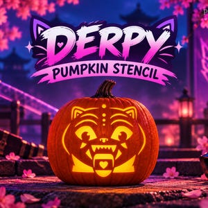 May include: An orange pumpkin carved with a stylised cat face featuring a tongue sticking out with a heart shape. Above the pumpkin, the text reads DERPY PUMPKIN STENCIL in a bold, pink and white gradient font against a dark purple background.
