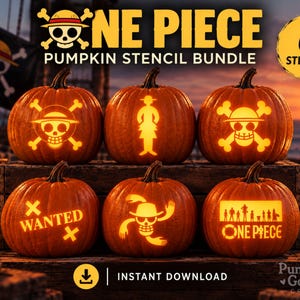 May include: A digital bundle of six One Piece pumpkin stencils featuring carved designs of the Straw Hat skull logo, character silhouettes, a wanted sign, and the One Piece logo. The image displays six orange pumpkins with glowing cutouts.