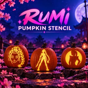 Puede incluir: Tres calabazas naranjas talladas con diseños del personaje Rumi, incluyendo un retrato en primer plano, una silueta de cuerpo completo con una espada y un perfil circular. El texto RUMI PUMPKIN STENCIL aparece en rosa brillante y blanco.