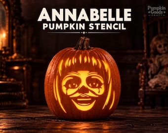 Molde de abóbora Annabelle, padrão para esculpir abóbora com boneca de terror, molde assustador de Halloween, PDF para imprimir, download instantâneo