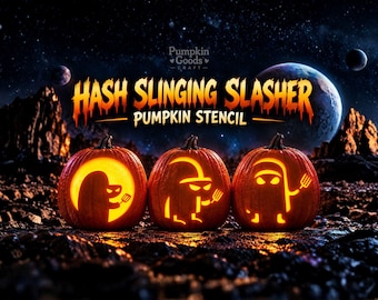 Molde para esculpir abóbora "Hash Slinging Slasher", padrão assustador de abóbora de Halloween em desenho animado, PDF para download instantâneo e impressão