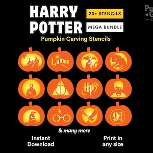 May include: A Harry Potter pumpkin carving stencil mega bundle featuring over 20 designs. The black background displays orange pumpkin silhouettes with various icons including a castle, Lumos text, Dobby, the Deathly Hallows, and platform 9 3/4.