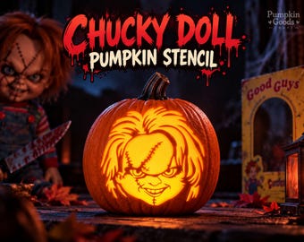 Molde de abóbora com o boneco Chucky, padrão para esculpir abóboras de filme de terror, molde de boneca assustadora para o Halloween, PDF para imprimir, download instantâneo