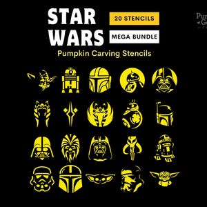 May include: A Star Wars mega bundle of 20 pumpkin carving stencils featuring yellow graphic icons of various characters and symbols on a black background. The text reads Star Wars, 20 stencils, mega bundle, pumpkin carving stencils, and Pumpkin Goods Craft.
