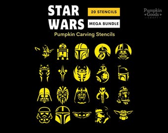 Pacote de Moldes para Esculpir Abóboras de Star Wars, 20 Modelos para Esculpir Abóboras, Darth Vader, Yoda, Mandaloriano, PDF Imprimível para o Halloween