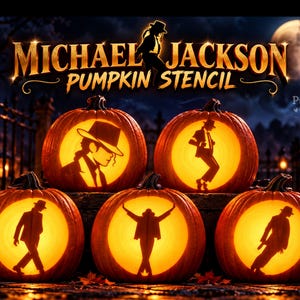 May include: Five orange pumpkins carved with silhouettes of Michael Jackson in various iconic poses. The text "MICHAEL JACKSON PUMPKIN STENCIL" appears in gold lettering at the top. Each pumpkin is illuminated from within, casting a warm glow.