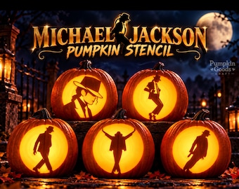 May include: Five orange pumpkins carved with silhouettes of Michael Jackson in various iconic poses. The text "MICHAEL JACKSON PUMPKIN STENCIL" appears in gold lettering at the top. Each pumpkin is illuminated from within, casting a warm glow.