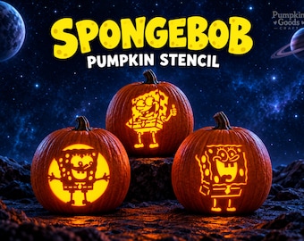 Molde para esculpir abóboras do Bob Esponja, 3 modelos fofos de abóboras de desenho animado, modelos de Halloween para imprimir em PDF, download instantâneo.