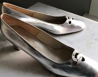 Vintage  Saks 1960's Silver Shoes With Rhinestones ...Divine Fifth Avenue Find