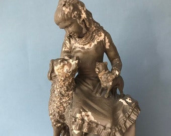 Statuary H. F. Libby of Boston. "Conquering Jealousy" Victorian Sculpture Girl With Dog