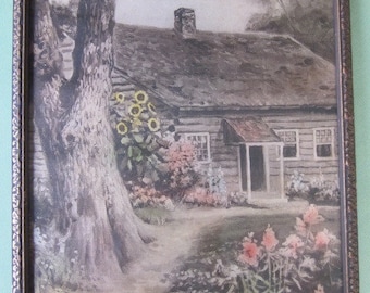 1930's Hand Colored Print Of Old Fashion Country House And Gardens